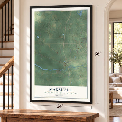 Marshall, Calhoun County, Michigan map, 24 x 36 inch print in a black frame by a staircase