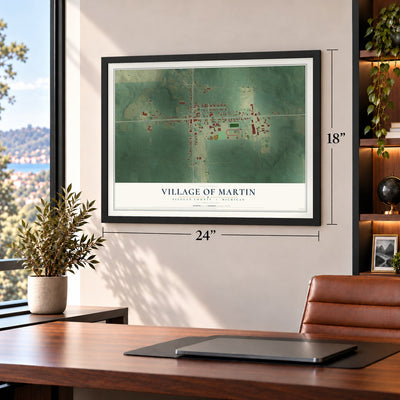 Martin, Michigan map, 18 x 24 inch print in a black frame in a home office