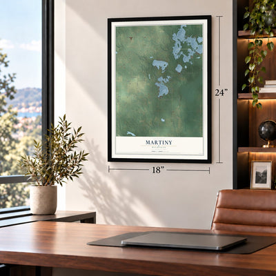 Martiny, Michigan map, 18 x 24 inch print in a black frame in a home office