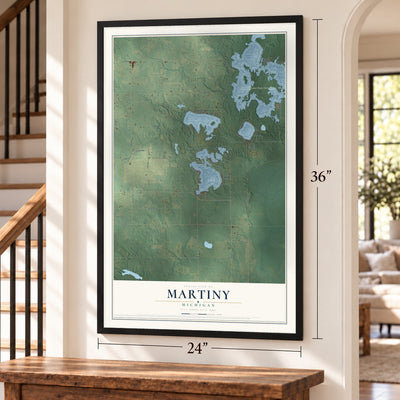 Martiny, Michigan map, 24 x 36 inch print in a black frame by a staircase