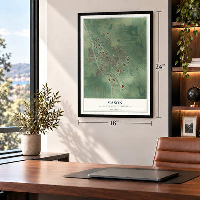 Mason, Ingham County, Michigan map, 18 x 24 inch print in a black frame in a home office