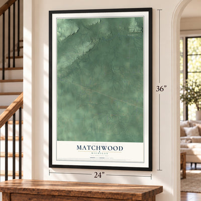 Matchwood, Michigan map, 24 x 36 inch print in a black frame by a staircase