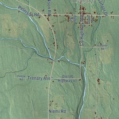 Close-up of the map of Mathias, Michigan print showing street and building detail