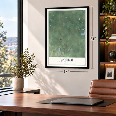 Mayfield, Lapeer County, Michigan map, 18 x 24 inch print in a black frame in a home office
