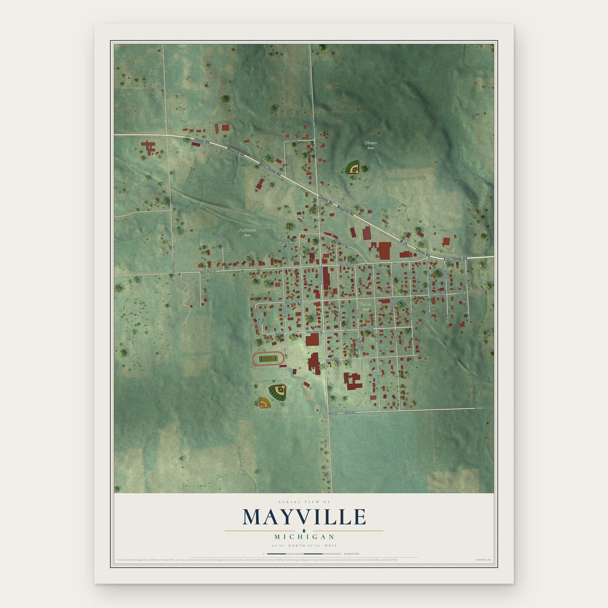 Mayville, Michigan map print, the full design