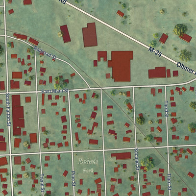 Close-up of the map of Mayville, Michigan print showing street and building detail