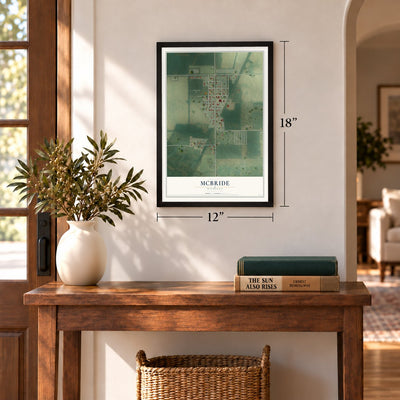 McBride, Michigan map, 12 x 18 inch print in a black frame in an entryway