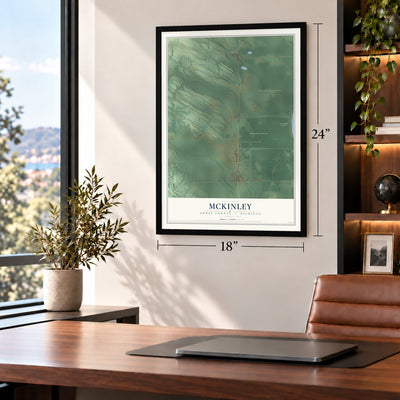 McKinley, Emmet County, Michigan map, 18 x 24 inch print in a black frame in a home office