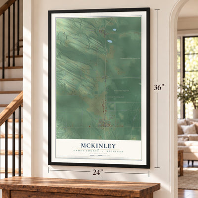 McKinley, Emmet County, Michigan map, 24 x 36 inch print in a black frame by a staircase