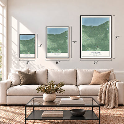 McMillan, Luce County, Michigan map in 12 x 18, 18 x 24 and 24 x 36 inch sizes above a sofa