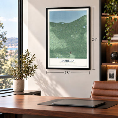McMillan, Luce County, Michigan map, 18 x 24 inch print in a black frame in a home office
