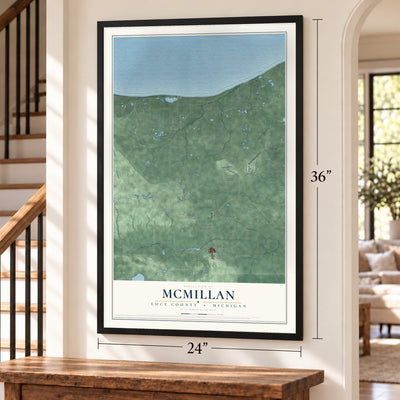 McMillan, Luce County, Michigan map, 24 x 36 inch print in a black frame by a staircase