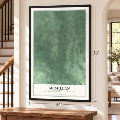 McMillan, Ontonagon County, Michigan map, 24 x 36 inch print in a black frame by a staircase