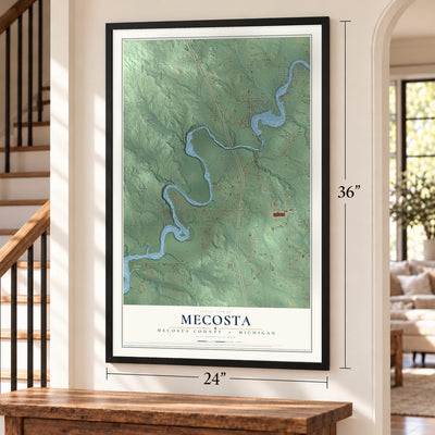 Mecosta, Mecosta County, Michigan map, 24 x 36 inch print in a black frame by a staircase