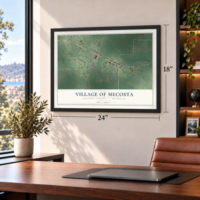 Mecosta, Michigan map, 18 x 24 inch print in a black frame in a home office
