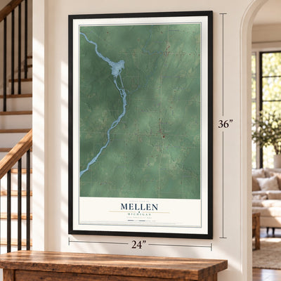 Mellen, Michigan map, 24 x 36 inch print in a black frame by a staircase