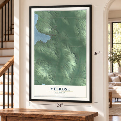 Melrose, Michigan map, 24 x 36 inch print in a black frame by a staircase