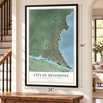 Menominee, Michigan map, 24 x 36 inch print in a black frame by a staircase