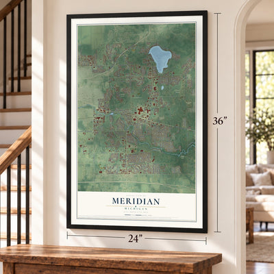 Meridian, Michigan map, 24 x 36 inch print in a black frame by a staircase