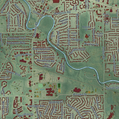 Close-up of the map of Meridian, Michigan print showing street and building detail