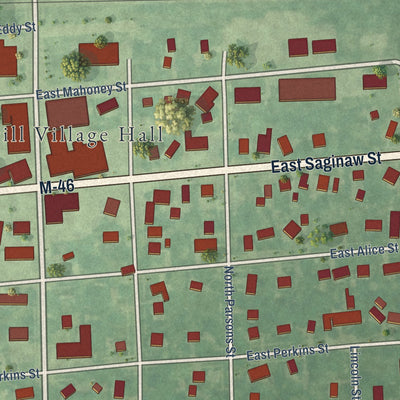 Close-up of the map of Merrill, Saginaw County, Michigan print showing street and building detail