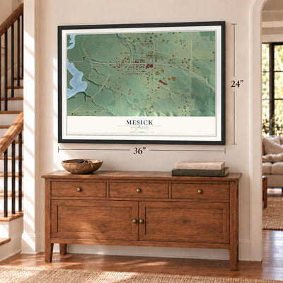 Mesick, Michigan map, 24 x 36 inch print in a black frame above a dresser by a staircase