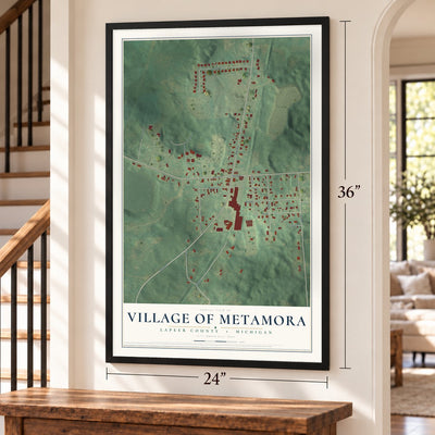 Metamora, Michigan map, 24 x 36 inch print in a black frame by a staircase