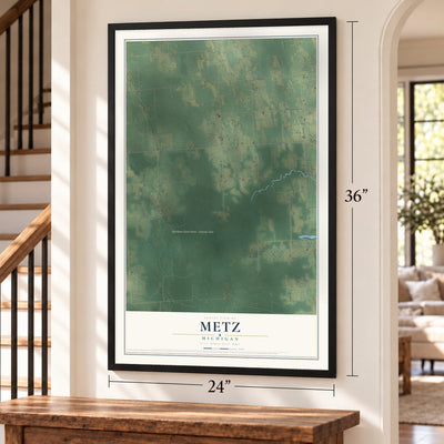 Metz, Michigan map, 24 x 36 inch print in a black frame by a staircase