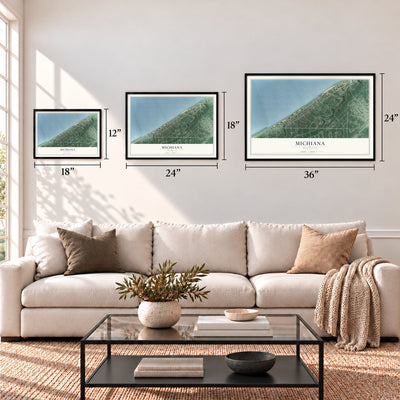 Michiana, Michigan map in 12 x 18, 18 x 24 and 24 x 36 inch sizes above a sofa