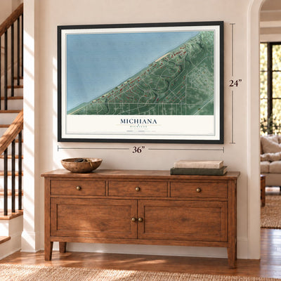 Michiana, Michigan map, 24 x 36 inch print in a black frame above a dresser by a staircase