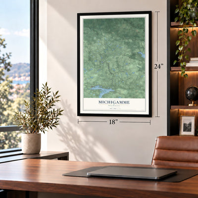 Michigamme, Michigan map, 18 x 24 inch print in a black frame in a home office