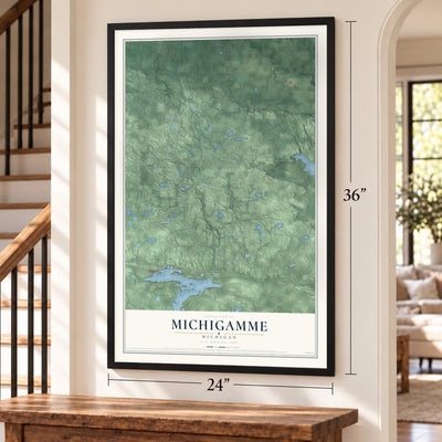 Michigamme, Michigan map, 24 x 36 inch print in a black frame by a staircase
