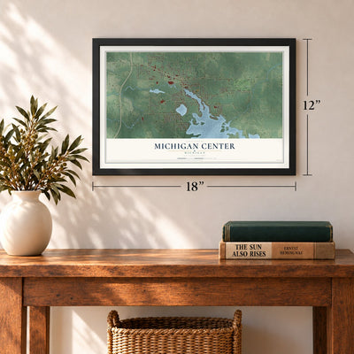 Michigan Center, Michigan map, 12 x 18 inch print in a black frame in an entryway