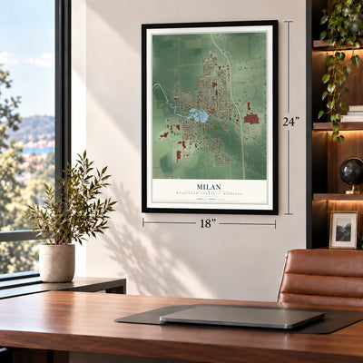 Milan, Washtenaw County, Michigan map, 18 x 24 inch print in a black frame in a home office