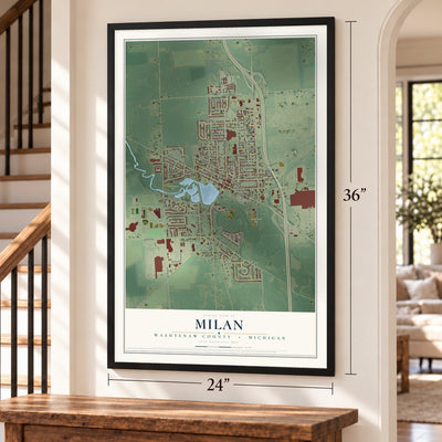 Milan, Washtenaw County, Michigan map, 24 x 36 inch print in a black frame by a staircase