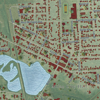 Close-up of the map of Milan, Washtenaw County, Michigan print showing street and building detail