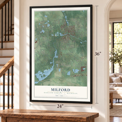 Milford, Oakland County, Michigan map, 24 x 36 inch print in a black frame by a staircase