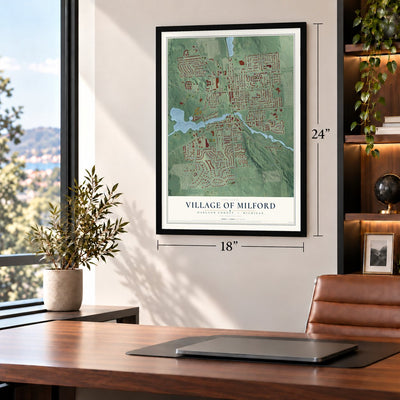 Milford, Michigan map, 18 x 24 inch print in a black frame in a home office