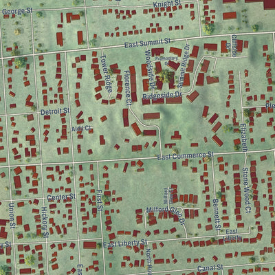 Close-up of the map of Milford, Michigan print showing street and building detail