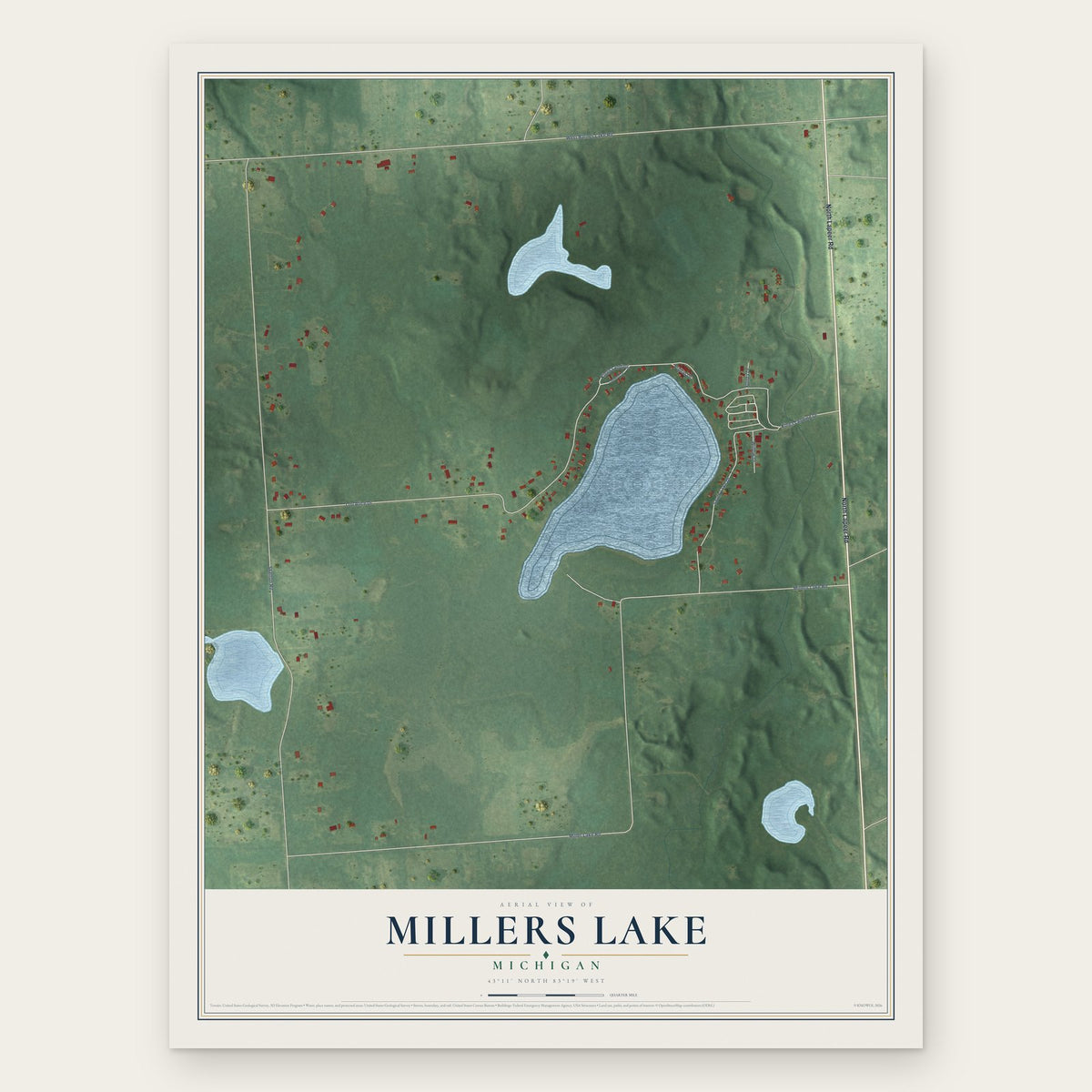 Millers Lake, Michigan map print, the full design