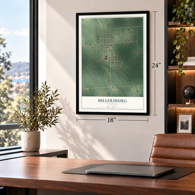 Millersburg, Michigan map, 18 x 24 inch print in a black frame in a home office