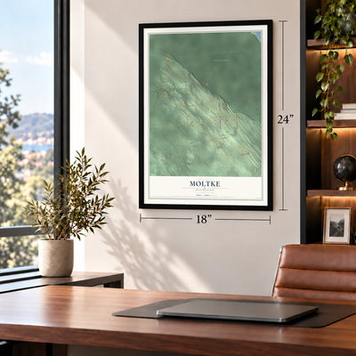 Moltke, Michigan map, 18 x 24 inch print in a black frame in a home office
