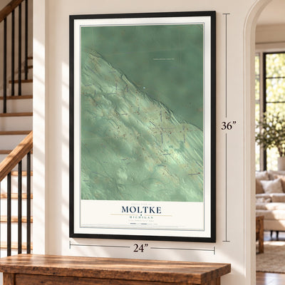 Moltke, Michigan map, 24 x 36 inch print in a black frame by a staircase
