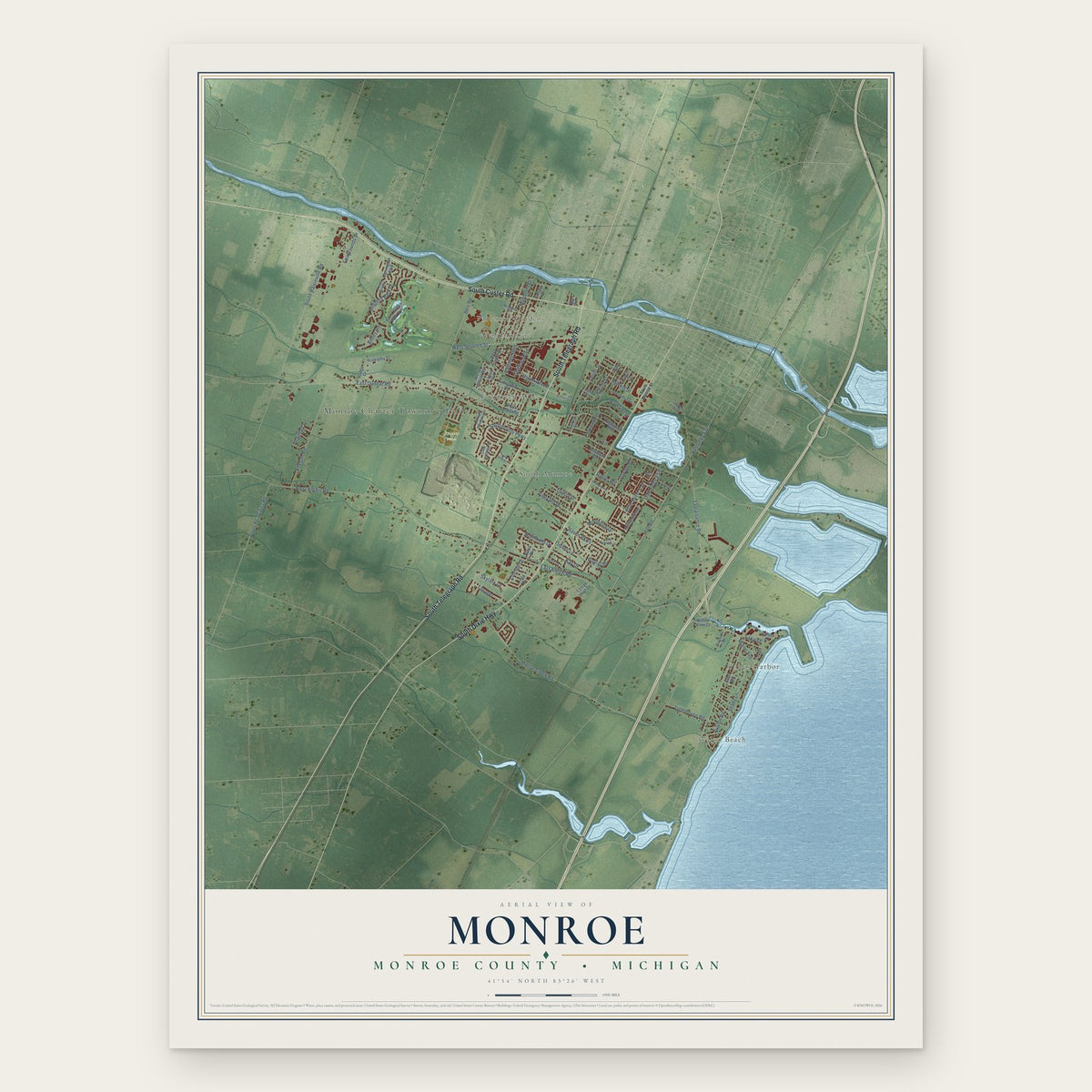 Monroe, Monroe County, Michigan map print, the full design