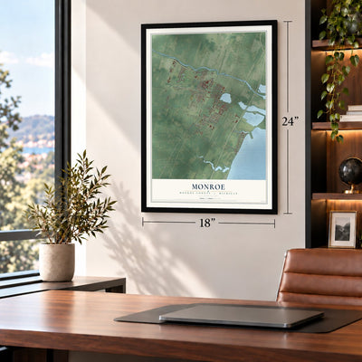 Monroe, Monroe County, Michigan map, 18 x 24 inch print in a black frame in a home office