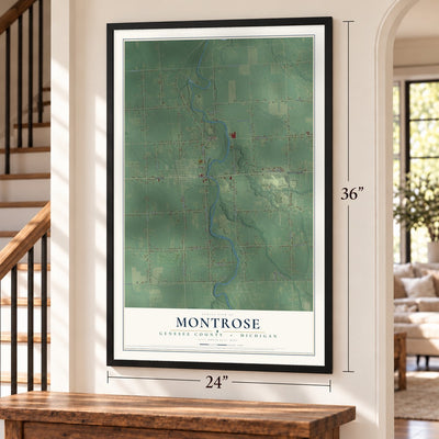 Montrose, Genesee County, Michigan map, 24 x 36 inch print in a black frame by a staircase