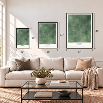 Moore, Michigan map in 12 x 18, 18 x 24 and 24 x 36 inch sizes above a sofa
