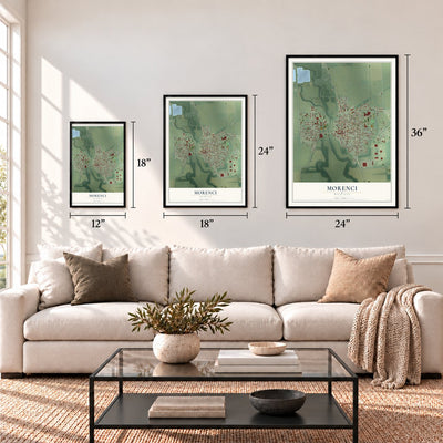 Morenci, Michigan map in 12 x 18, 18 x 24 and 24 x 36 inch sizes above a sofa