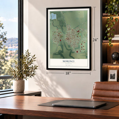 Morenci, Michigan map, 18 x 24 inch print in a black frame in a home office