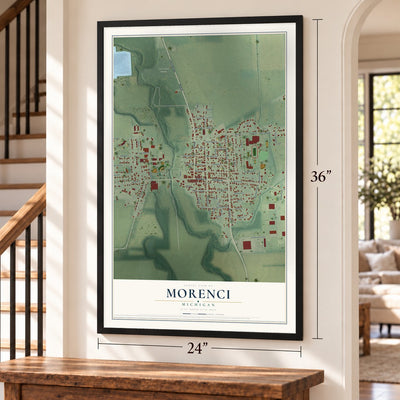 Morenci, Michigan map, 24 x 36 inch print in a black frame by a staircase